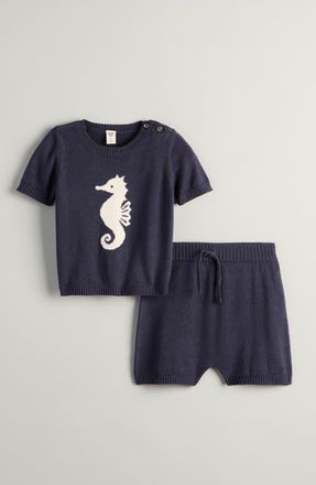 Nordstrom Motif Short Sleeve Cotton Blend Sweater & Shorts Set in Navy Peacoat Seahorse at Nordstrom, Size 12M