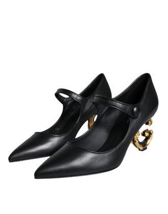 Dolce & Gabbana Womens Black Leather Logo Heels Mary Janes Pumps Shoes Lamb