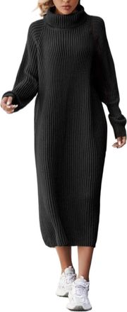 Generic Sweater Dresses For Women Plus Size | Wool Dressing Gown Ladies Winter Dress High Neck Jumper Dress Thermal Jersey Dresses Loose Knitted Dresses Solid