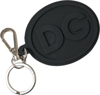Dolce & Gabbana Black Rubber DG Logo Silver Brass Metal Keyring Womens Keychain