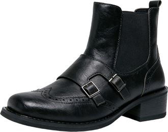 Generic Mens Pull on Chelsea Ankle Boots Low Block Heel Brogue Boots Square Toe PU Leather Casual Short Boot,Black,7.5 UK