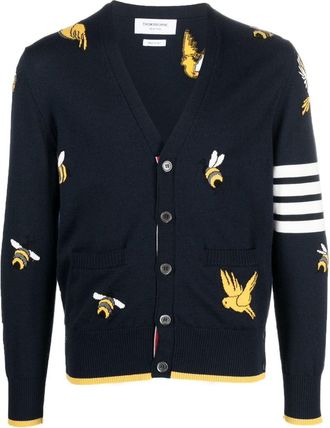 Thom Browne 4-Bar stripe intarsia-patterned cardigan - men - Cotton/Wool - 2 - Blue