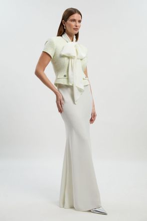 Karen Millen Womens Boucle Tailored Tie Neck Satin Mix Midi Dress - Mint - Size 10 UK