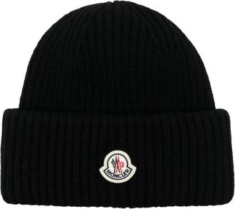 Moncler Accessoires, unisex, Zwart, S, Wol, Logo Vouw Wollen Hoed in Zwart