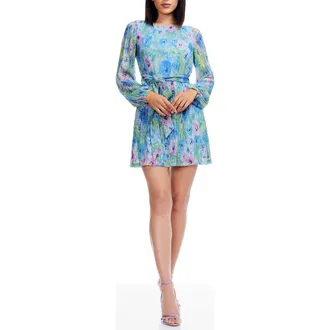 Dress The Population Kirsi Metallic Floral Long Sleeve Cocktail Minidress in Sky Multi at Nordstrom Rack, Size X-Large