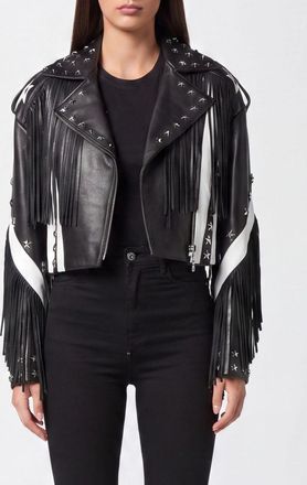 Philipp Plein Giacca biker in pelle con frange e borchie a contrasto
