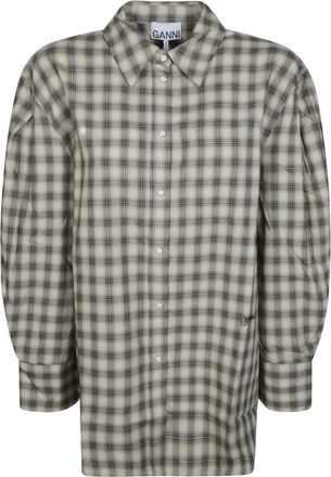 Ganni Licht Geruite Flanellen Blouse met Plooien in de Mouwen - Dames - Blouses & Shirts - Beige - Maat: 4XS Flanel