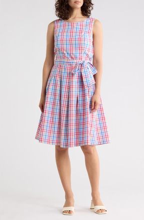 Tommy Hilfiger Gingham Sleeveless Cotton Fit & Flare Dress in French Blue Multi at Nordstrom Rack, Size 14