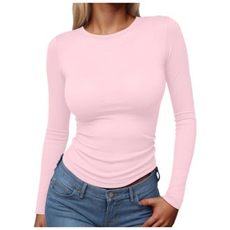 Generic Womens Long Sleeve Tops Basic Slim Fit Lightweight Elegant Solid Color Round Neck T Shirts Ladies Tops Streetwear Shirts Tee Casual Slim fit Stretch F