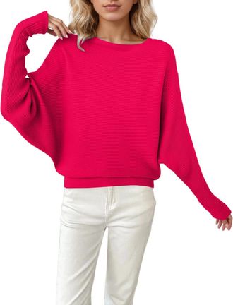Generic Batwing Sleeve Jumpers for Women Boat Neck Off Shoulder Dolman Knitted Sweaters Ladies Pullovers Tops