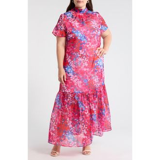 Sugarlips Leah Abstract Mock Neck Organza Maxi Dress in Pink-Blue at Nordstrom, Size 2 X
