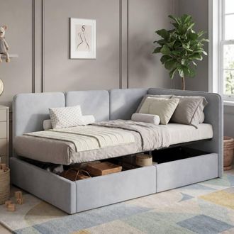 Matteo Grey Velvet Ottoman Single Daybed with Storage - 90 x 190 cm