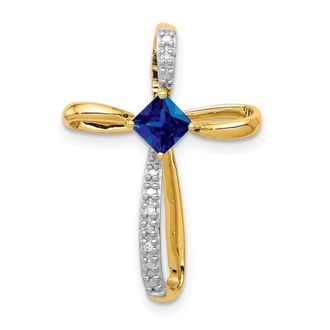 Diamond2Deal 14k Yellow Gold 4mm Square Lab Created Sapphire and Diamond Cross Slide Pendant
