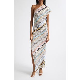 Missoni Stripe One-Shoulder Crochet Knit Maxi Dress in Smsnn-Multicolor Beige Lt Bs at Nordstrom, Size 10 Us
