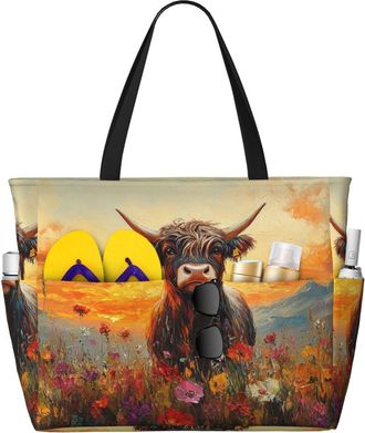 Generic Highland Cow Print Large Beach Bag Foldable Travel Shoulder Tote Bag With Pocket For Weekender Pool Vacation