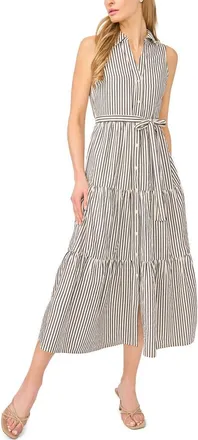 CeCe by Cynthia Steffe Stripe Sleeveless Tie Waist Shirtdress in Classic Navy at Nordstrom, Size Xx-Small