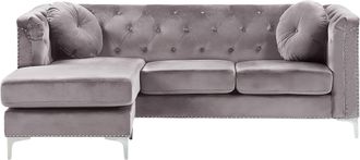 Beliani Sof&aacute; Esquinero Tapizado En Terciopelo Gris 3 Plazas Con Forma De L Versi&oacute;n Derecha Cojines Adicionales Con Mechones Decorativos Flen