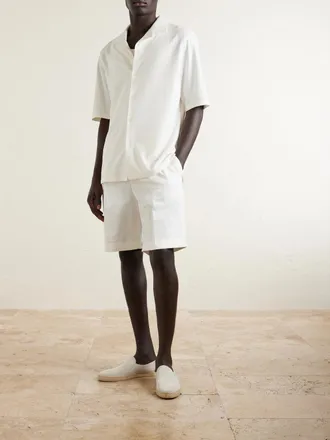 Brunello Cucinelli Camp-Collar Herringbone Cotton and Silk-Blend Shirt