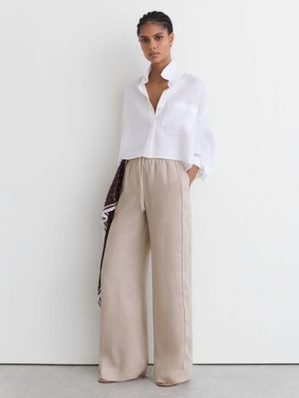 Reiss Neutral Linen Ladder-embroidery Wide-leg Trousers, 12R