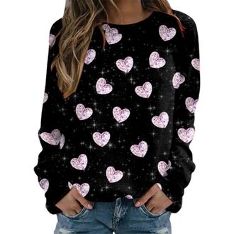 Generic Sweatshirt Womens Valentines Day Soft Jumper Cute Love Heart Patterned Loose Top Long Sleeve Crewneck Shirt Pink Ladies Teens Holiday Blouse Pullover 