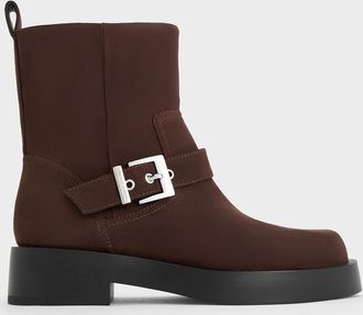 Charles & Keith Faux Suede Buckle-Strap Biker Boots