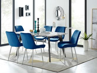 Furniturebox Andria Marble Effect Dining Table With Black Legs & 6 Pesaro Velvet Silver Leg Chairs in Navy