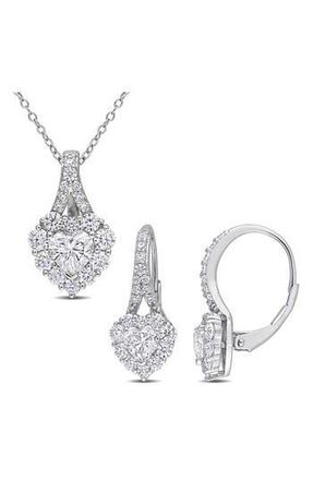 Delmar Lab Grown Moissanite Heart Halo Pendant Necklace & Earrings Set in Silver at Nordstrom Rack