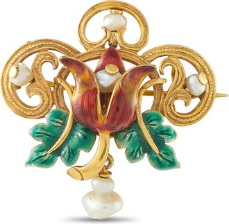 Luxury Bazaar Antique 18K Yellow Gold Pearl and Enamel Brooch MF01-091126