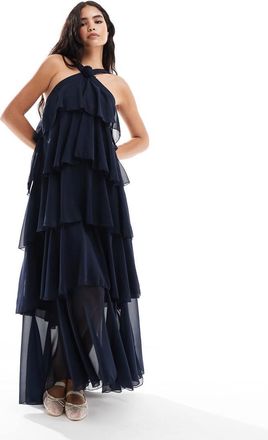 Vero Moda Felicia - Vestito lungo allacciato al collo a balze blu navy con decorazione a forma di fiore