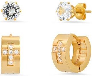 HMY Jewelry Set of 2 CZ Stud & CZ Cross Huggie Hoop Earrings in Yellow at Nordstrom Rack