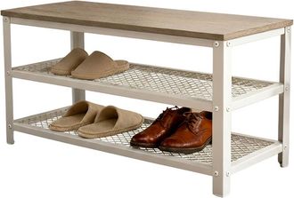 Relaxdays Relaxdays shoe bench, for 6 pairs, HxWxD: 45 x 73 x 30 cm, 2 wire shelves, wood-effect seat, light brown/white