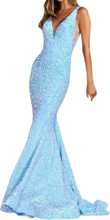 Sherri Hill Dazzling V-Neck Low Open Back Panel Dress In Light Blue