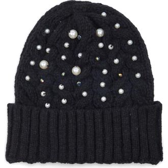 Saachi Faux Pearl Embellished Cable Knit Beanie in Black at Nordstrom Rack