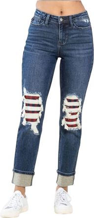 Judy Blue Buffalo Plaid Destroyed Knee Boyfriend Jeans In Medium Blue