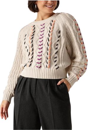 Catwalk Junkie Kleurrijke Cable Knit Trui - Dames - Ronde hals truien - Beige - XL - Katoen - Truien & Vesten