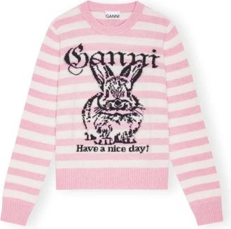 Ganni Gestreept Konijn Crewneck Trui - Dames - Ronde hals truien - Roze - S - Wol - Truien & Vesten