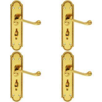 Loops 4x PAIR Reeded Scroll Lever on Shaped Bathroom Backplate 205 x 49mm Brass in Metallics