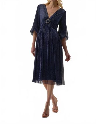 Joseph Ribkoff Sparkle Mesh 3/4 Puff Sleeve Midi Fit And Flare Dress In Navy