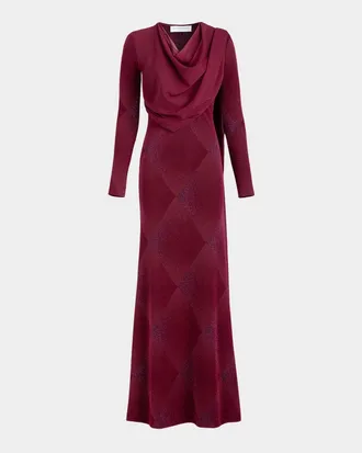 Silvia Tcherassi Moon Shimmer Diamond Velvet Draped Long-Sleeve Maxi Dress