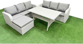 Fimous Outdoor Garden Furniture Sets 7 Seater Wicker Rattan Furniture Sofa Sets with Rectangular Dining Table high Back Lounge Sofa Big Footstool Light Grey