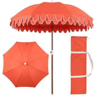 Jonathan Y Designs Horizon 6.5 ft. Classic MidCentury Scalloped Fringe Market Beach Umbrella with Push-Button Tilt in Coral Red - Dark Brown Pole at Nordstrom