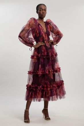 Karen Millen Womens Floral Tulle Balloon Sleeve Plunge Woven Maxi Dress - Purple - Size 10 UK