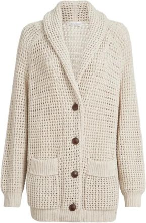 Brunello Cucinelli Cotton Feather Yarn Net Cardigan - Dames - Vesten - Beige - M - Katoen - Truien & Vesten