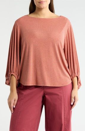 Wit & Wisdom Stripe Balloon Sleeve Knit Top in Heather Sandalwood Blush at Nordstrom, Size 3X