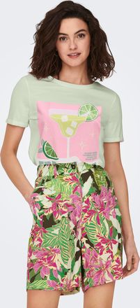 Only T-Shirt ONLY ONLKITA S/S DRINKS TOP BOX JRS, Damen, Gr. XS, gr&uuml;nlily print:dacey lime front, Jersey, Obermaterial: 100% Baumwolle, bedruckt, regular f