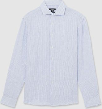Reiss Soft Blue & white Fine Stripe Linen Long-sleeve Shirt, M