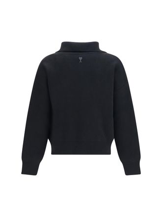 Ami High-Neck Buttoned Merino Wool Sweater - Black