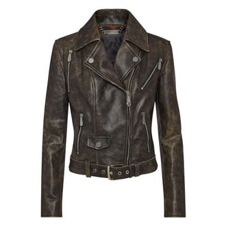 Philipp Plein Shoulder Padded Leather Biker Jacket - Dames - Leren en Su&egrave;de Jassen - Zwart - S - Leer - Jassen