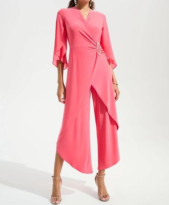 Joseph Ribkoff Chiffon Sleeves Wrap Tulip Wide Leg Jumpsuit In Paradise Coral