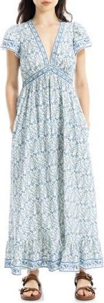 Max Studio Floral Flutter Sleeve Maxi Dress in Cream/Blue Floral at Nordstrom Rack, Size X-Large